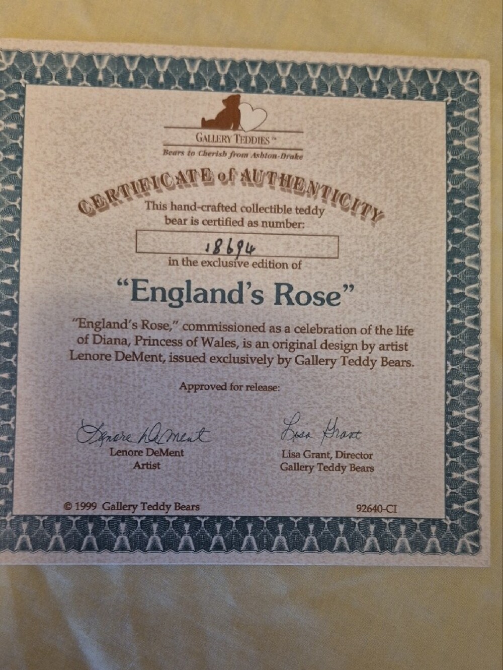 Vintage Princess Diana "England's Rose" Teddy Bear Ashton Drake Gallery - Picture 10 of 14